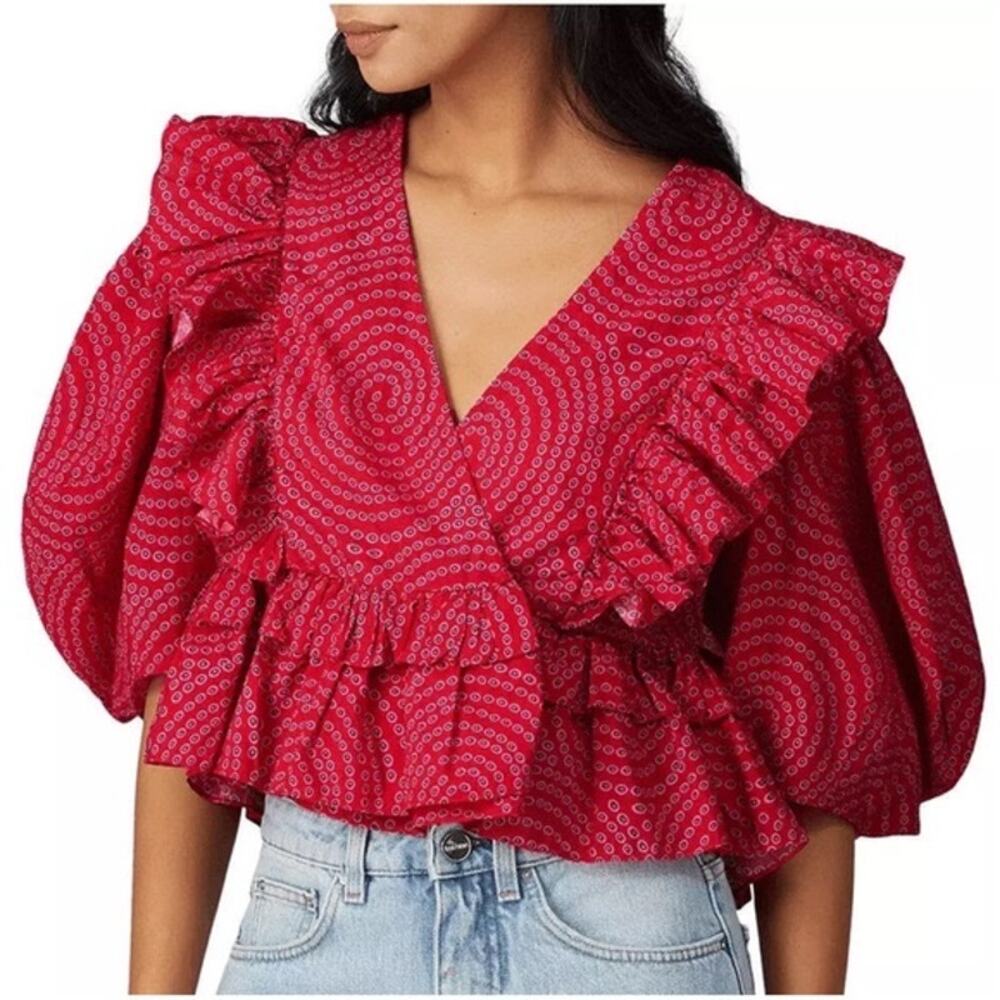 RHODE Hot Pink Printed Flutter Sleeve Flowy Ruffle Blouse Top Boho Size XS